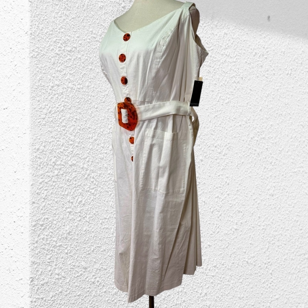 Eloquii White Midi Dress with Tortoiseshell Buttons and Belt - Picture 6 of 13